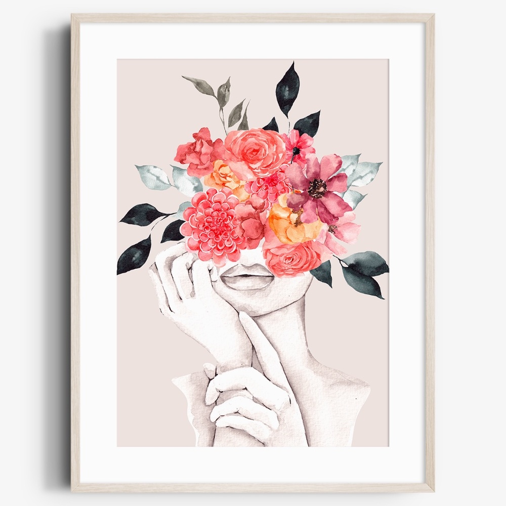 Watercolor Floral Woman Portrait Wall Art Illustration Print Poster Unframed